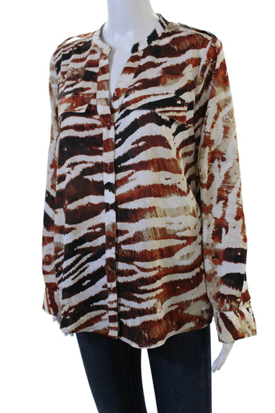 Calvin Klein Women Beige Animal Print V-Neck Longsleeve Button Up Blouse Size M