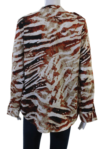 Calvin Klein Women Beige Animal Print V-Neck Longsleeve Button Up Blouse Size M