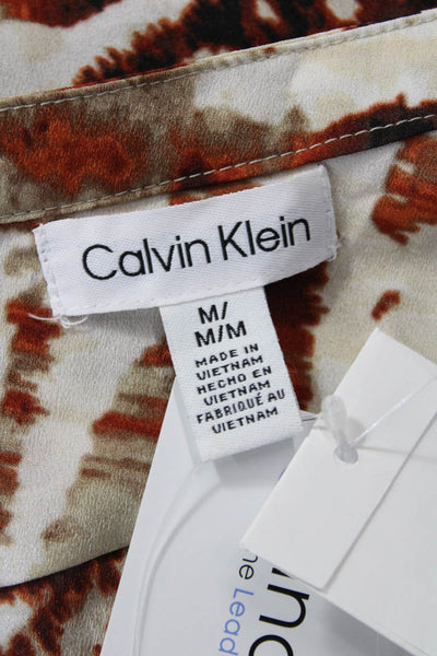 Calvin Klein Women Beige Animal Print V-Neck Longsleeve Button Up Blouse Size M