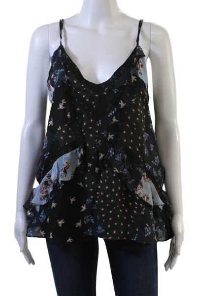 Parker Women Silk Floral V-Neck Camisole Black Sleeveless Size M