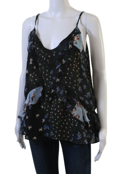 Parker Women Silk Floral V-Neck Camisole Black Sleeveless Size M