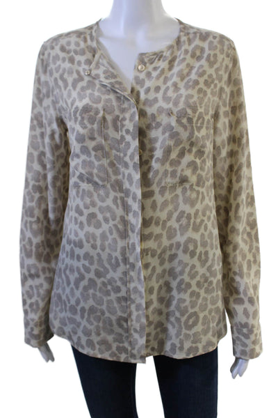 Equipment Femme Women Beige Silk Leopard Print Long Sleeve Blouse Size M