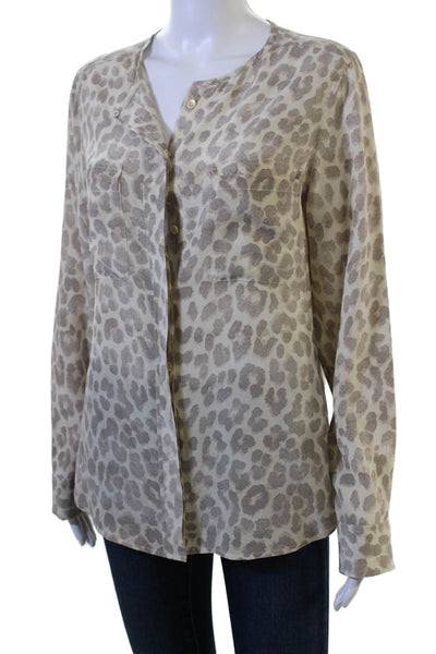 Equipment Femme Women Beige Silk Leopard Print Long Sleeve Blouse Size M