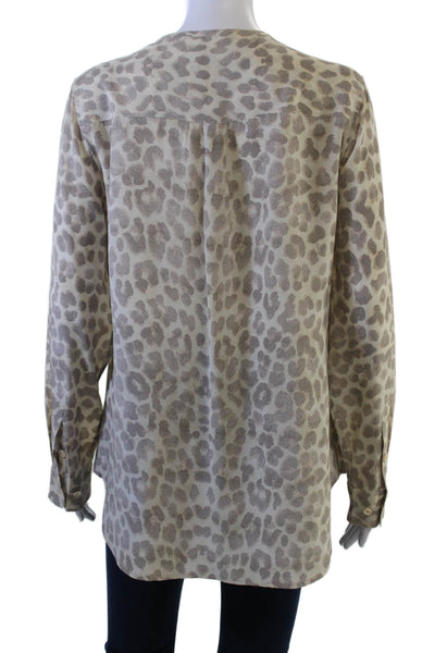 Equipment Femme Women Beige Silk Leopard Print Long Sleeve Blouse Size M