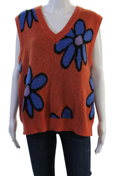 Cider Unisex Sweater Vest V-Neck Floral Orange Poly Blend Size L