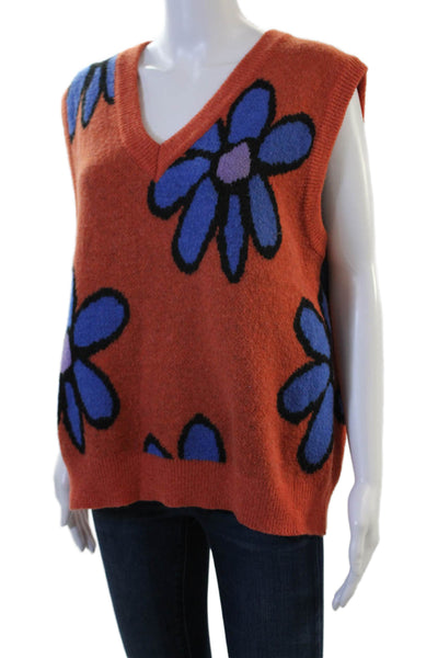 Cider Unisex Sweater Vest V-Neck Floral Orange Poly Blend Size L