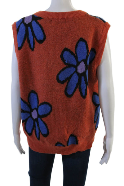 Cider Unisex Sweater Vest V-Neck Floral Orange Poly Blend Size L