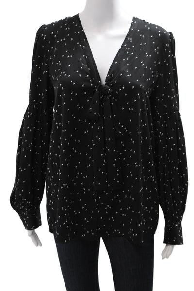 Lewit Women Black Silk Blend V-Neck Tie Neck Long Sleeve Blouse Size M