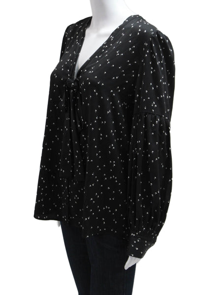 Lewit Women Black Silk Blend V-Neck Tie Neck Long Sleeve Blouse Size M