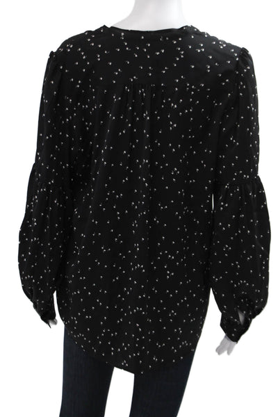 Lewit Women Black Silk Blend V-Neck Tie Neck Long Sleeve Blouse Size M