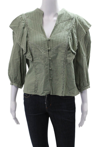 Intermix Women Green Striped V-Neck Button Up Boho Blouse 3/4 Sleeve Size 8