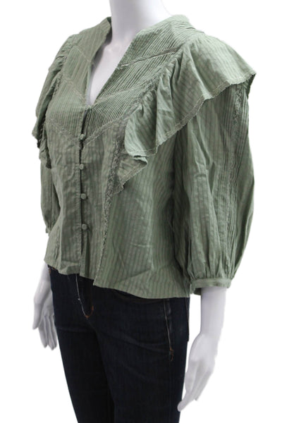 Intermix Women Green Striped V-Neck Button Up Boho Blouse 3/4 Sleeve Size 8