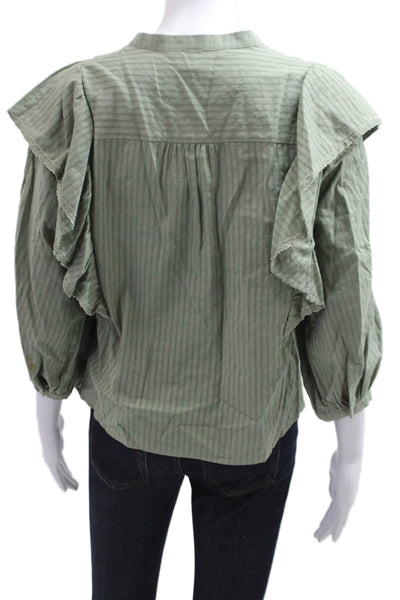 Intermix Women Green Striped V-Neck Button Up Boho Blouse 3/4 Sleeve Size 8