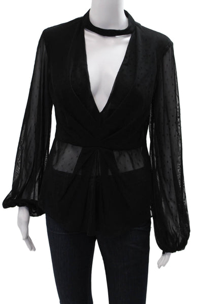 Nicholas Women Designer Black Polka Dot Mock Neck Long Sleeve Blouse Size S