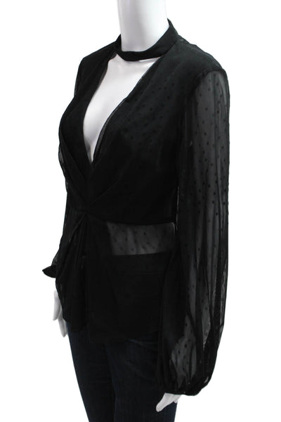 Nicholas Women Designer Black Polka Dot Mock Neck Long Sleeve Blouse Size S