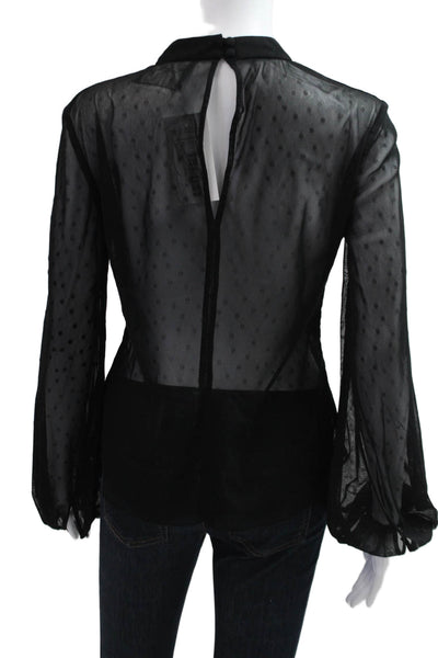 Nicholas Women Designer Black Polka Dot Mock Neck Long Sleeve Blouse Size S