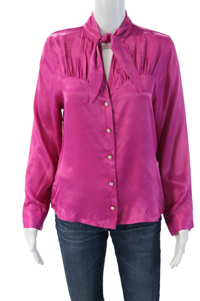Zara Women High Neck Solid Pink Button Up Long Sleeve Blouse Viscose Size S