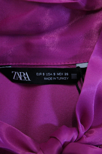 Zara Women High Neck Solid Pink Button Up Long Sleeve Blouse Viscose Size S