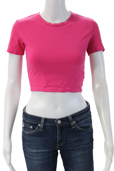 Zara Womens Cropped Basic Crew Neck Button Short Sleeve Pink T-Shirt Size S