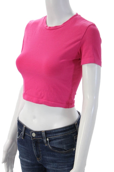 Zara Womens Cropped Basic Crew Neck Button Short Sleeve Pink T-Shirt Size S