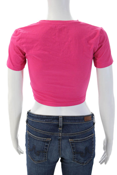 Zara Womens Cropped Basic Crew Neck Button Short Sleeve Pink T-Shirt Size S