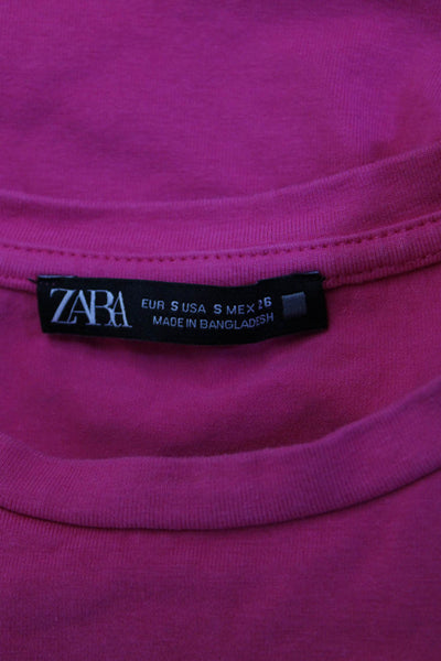 Zara Womens Cropped Basic Crew Neck Button Short Sleeve Pink T-Shirt Size S