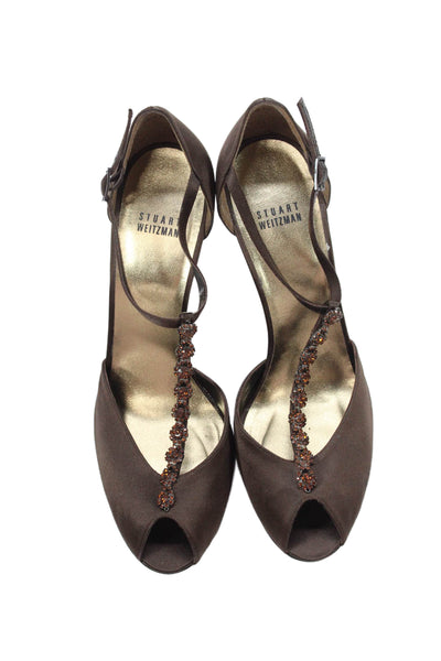 Stuart Weitzman Womens Stiletto Crystal Ankle Strap Satin Pumps Brown Size 10M