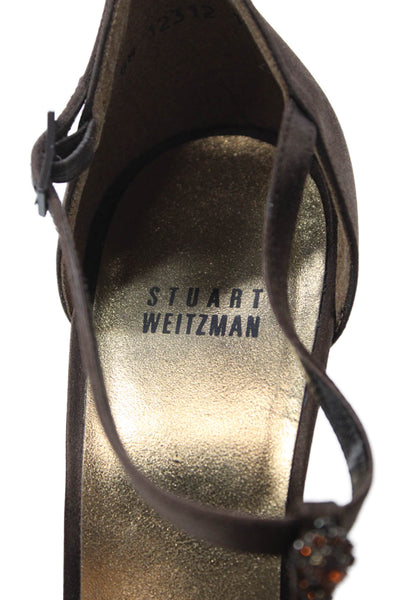 Stuart Weitzman Womens Stiletto Crystal Ankle Strap Satin Pumps Brown Size 10M