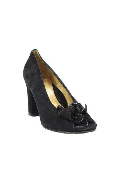 Taryn Rose Womens Block Heel Ruffled Rose Peep Toe Pumps Black Suede Size 40