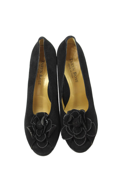 Taryn Rose Womens Block Heel Ruffled Rose Peep Toe Pumps Black Suede Size 40
