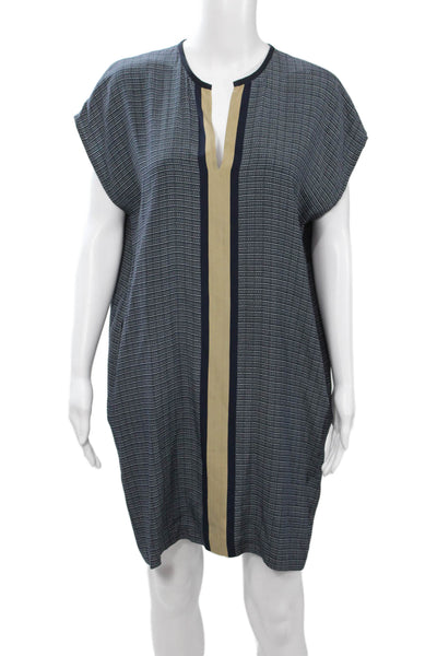 Vince Women Kaftan Dress Dark Blue Silk V Neck Geometric Knee Length Size S