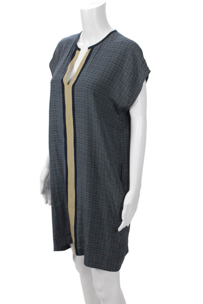 Vince Women Kaftan Dress Dark Blue Silk V Neck Geometric Knee Length Size S