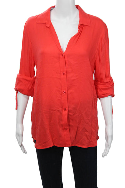 Bella Dahl Women Basic Button-Up Blouse Red Rayon Collared Long Sleeve Size S