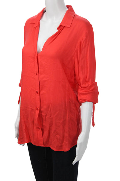 Bella Dahl Women Basic Button-Up Blouse Red Rayon Collared Long Sleeve Size S