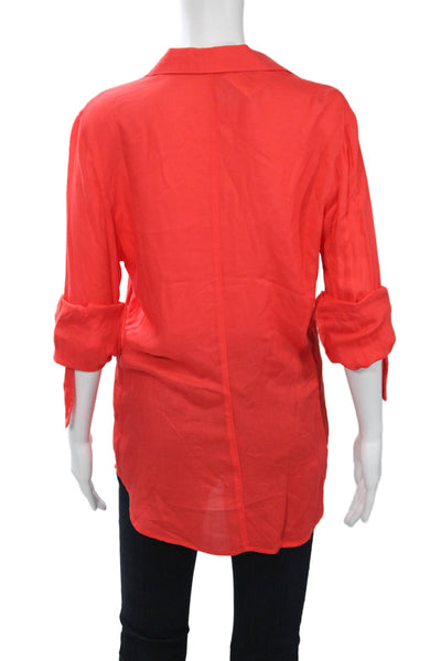 Bella Dahl Women Basic Button-Up Blouse Red Rayon Collared Long Sleeve Size S