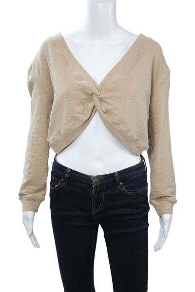 The Westside Women Cropped V-Neck Long Sleeve Beige Cotton Top Size L