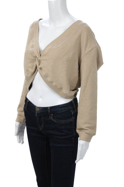 The Westside Women Cropped V-Neck Long Sleeve Beige Cotton Top Size L
