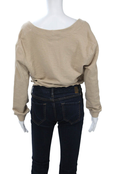 The Westside Women Cropped V-Neck Long Sleeve Beige Cotton Top Size L