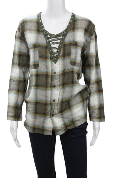 Miss Love Womens Green Plaid Cotton V-Neck Button Up Long Sleeve Size S
