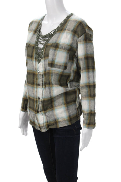 Miss Love Womens Green Plaid Cotton V-Neck Button Up Long Sleeve Size S