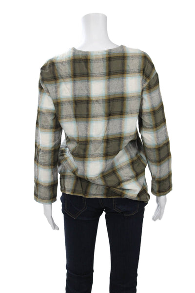 Miss Love Womens Green Plaid Cotton V-Neck Button Up Long Sleeve Size S