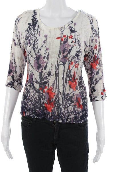 Nic + Zoe Women White Floral Round Neck 3/4 Sleeve T-Shirt Linen Blend Size PP