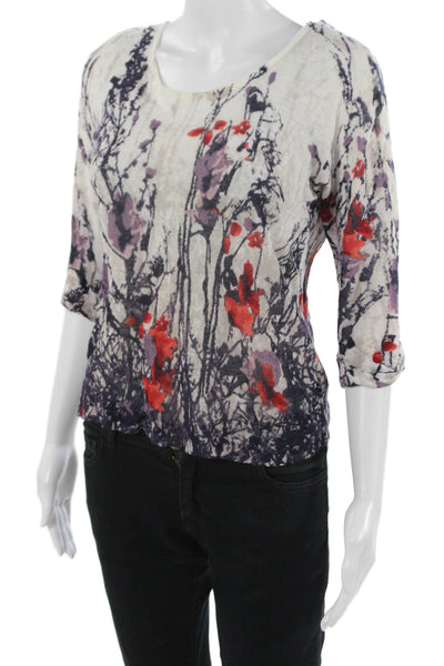Nic + Zoe Women White Floral Round Neck 3/4 Sleeve T-Shirt Linen Blend Size PP