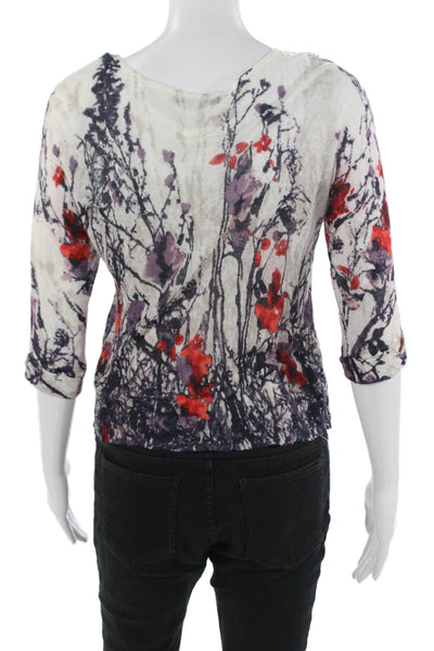 Nic + Zoe Women White Floral Round Neck 3/4 Sleeve T-Shirt Linen Blend Size PP