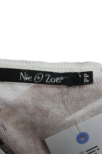 Nic + Zoe Women White Floral Round Neck 3/4 Sleeve T-Shirt Linen Blend Size PP