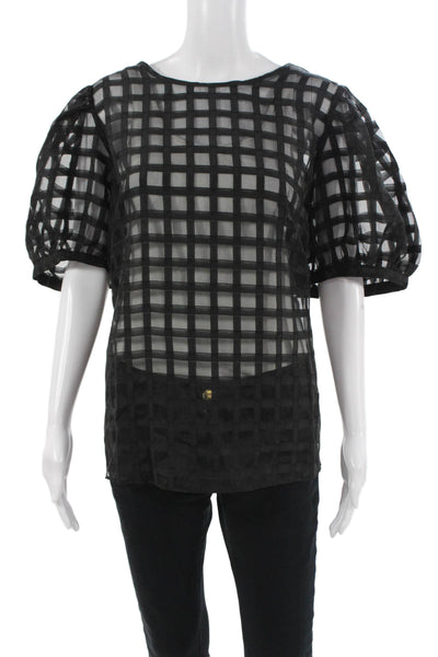 English Factory Women Black Checked Short Sleeve Round Neck Zip Blouse Size 2X