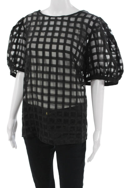 English Factory Women Black Checked Short Sleeve Round Neck Zip Blouse Size 2X