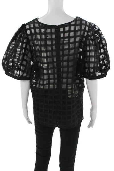 English Factory Women Black Checked Short Sleeve Round Neck Zip Blouse Size 2X