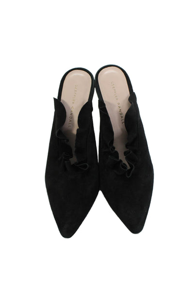 Loeffler Randall Womens Stiletto Pointed Toe Ruffled Mules Black Suede Size 38.5