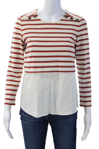 Veronica Beard Women Cropped Button-Up Striped Red Blouse Long Sleeve Size S
